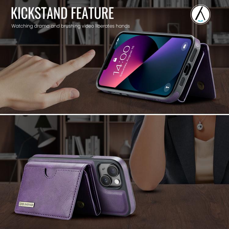 For iPhone 13 DG.MING M6 Series RFID Tri-fold Card Bag Removable Leather Phone Case