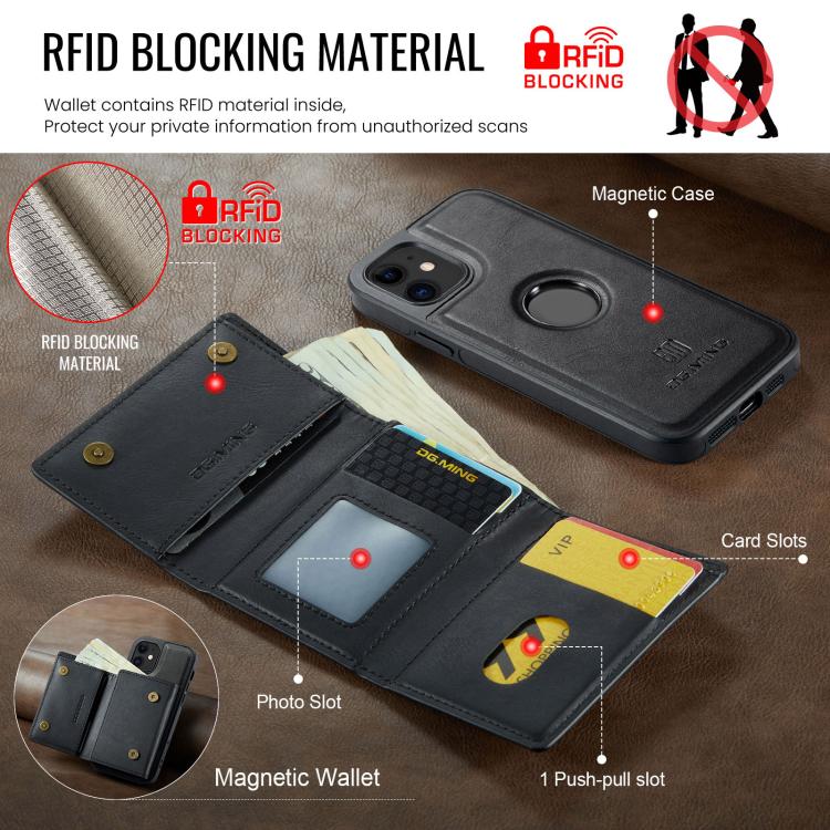For iPhone 12 DG.MING M6 Series RFID Tri-fold Card Bag Removable Leather Phone Case
