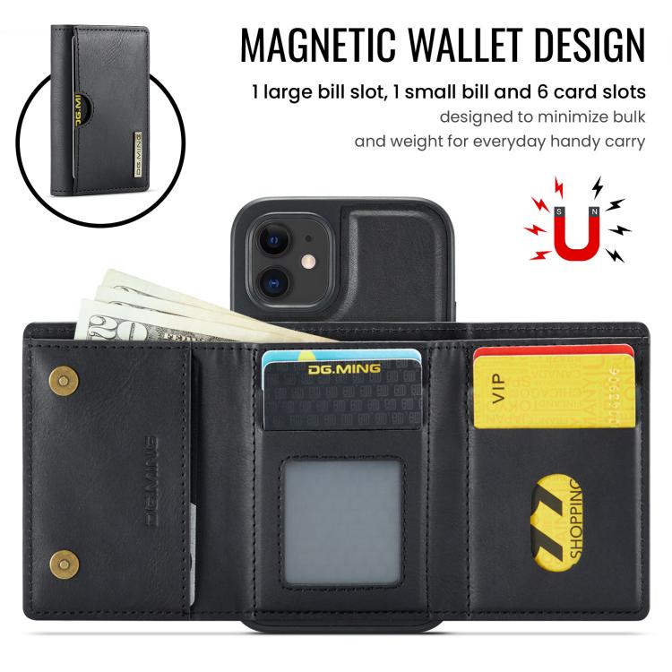 For iPhone 12 DG.MING M6 Series RFID Tri-fold Card Bag Removable Leather Phone Case