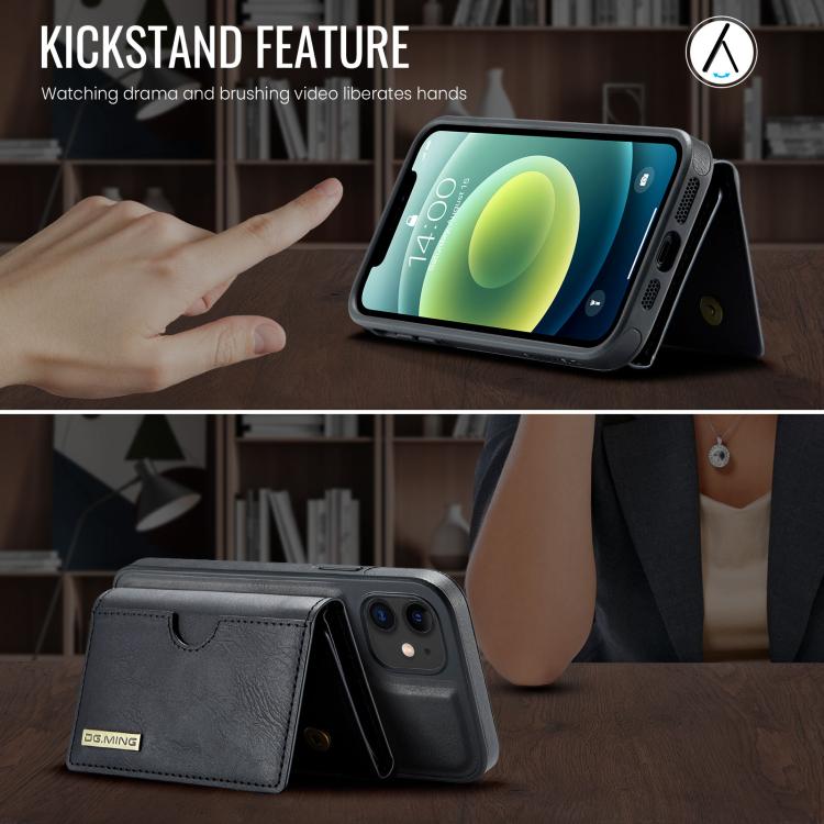 For iPhone 12 DG.MING M6 Series RFID Tri-fold Card Bag Removable Leather Phone Case