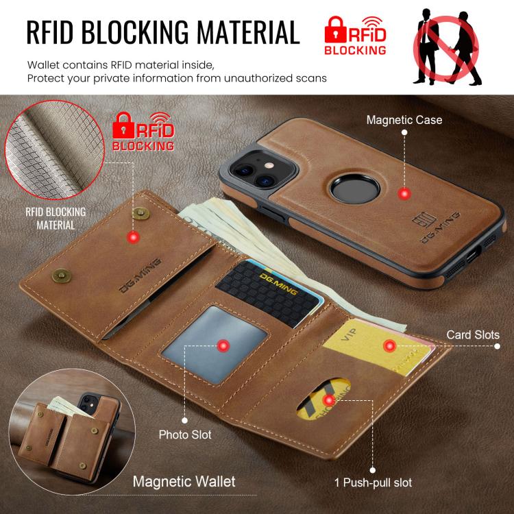 For iPhone 12 DG.MING M6 Series RFID Tri-fold Card Bag Removable Leather Phone Case