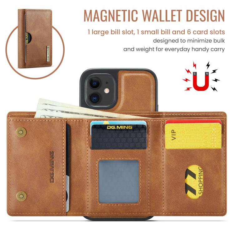 For iPhone 12 DG.MING M6 Series RFID Tri-fold Card Bag Removable Leather Phone Case