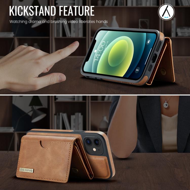For iPhone 12 DG.MING M6 Series RFID Tri-fold Card Bag Removable Leather Phone Case