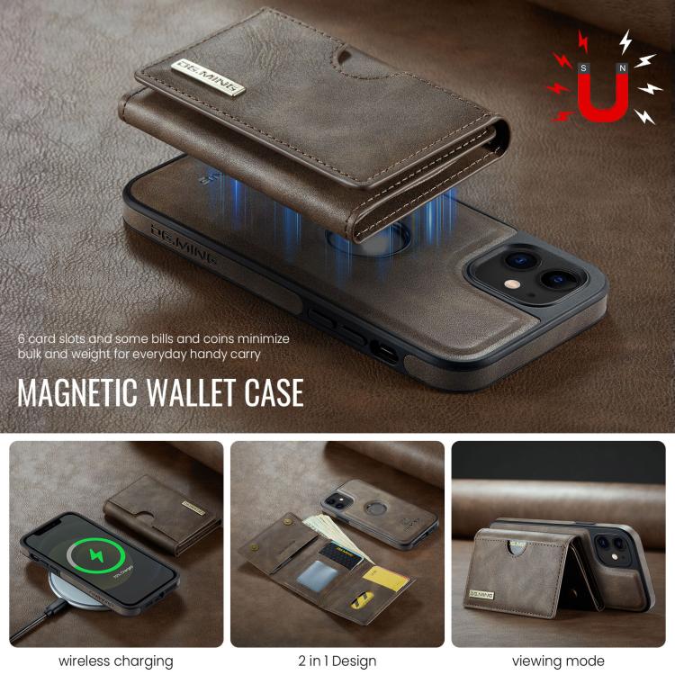 For iPhone 12 DG.MING M6 Series RFID Tri-fold Card Bag Removable Leather Phone Case