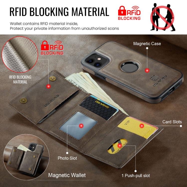 For iPhone 12 DG.MING M6 Series RFID Tri-fold Card Bag Removable Leather Phone Case