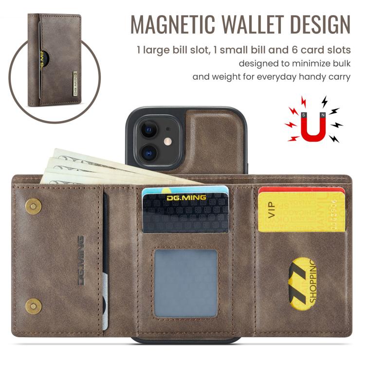 For iPhone 12 DG.MING M6 Series RFID Tri-fold Card Bag Removable Leather Phone Case