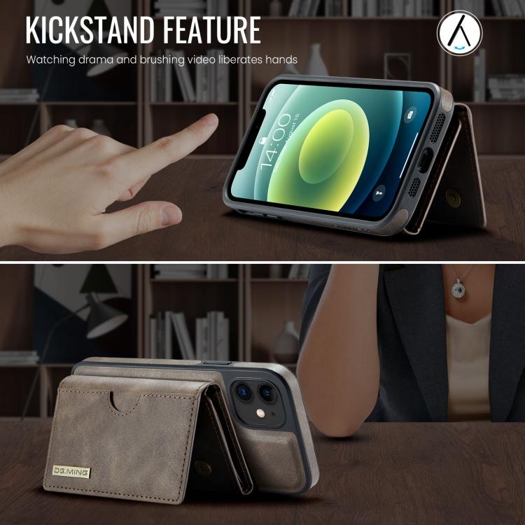 For iPhone 12 DG.MING M6 Series RFID Tri-fold Card Bag Removable Leather Phone Case