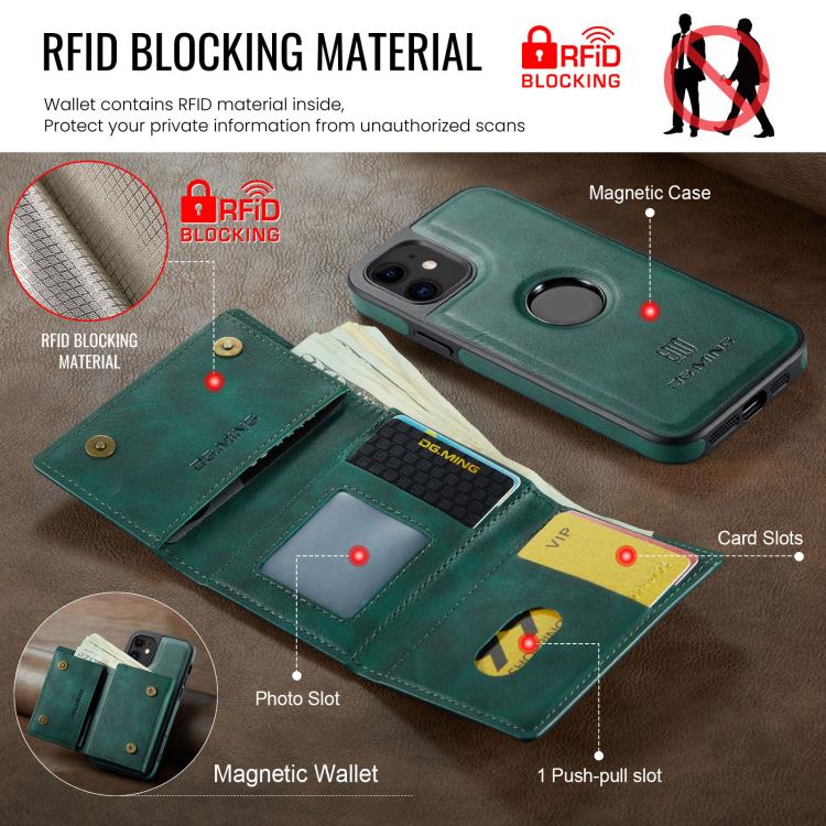For iPhone 12 DG.MING M6 Series RFID Tri-fold Card Bag Removable Leather Phone Case