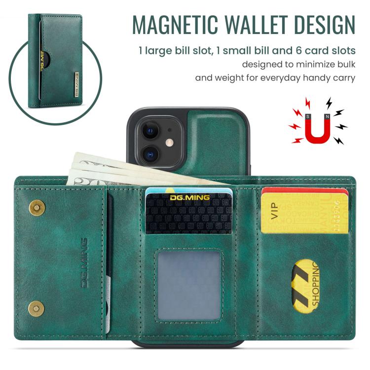For iPhone 12 DG.MING M6 Series RFID Tri-fold Card Bag Removable Leather Phone Case