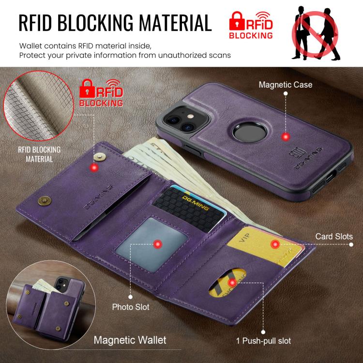 For iPhone 12 DG.MING M6 Series RFID Tri-fold Card Bag Removable Leather Phone Case