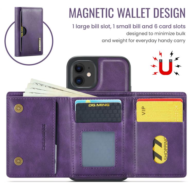 For iPhone 12 DG.MING M6 Series RFID Tri-fold Card Bag Removable Leather Phone Case