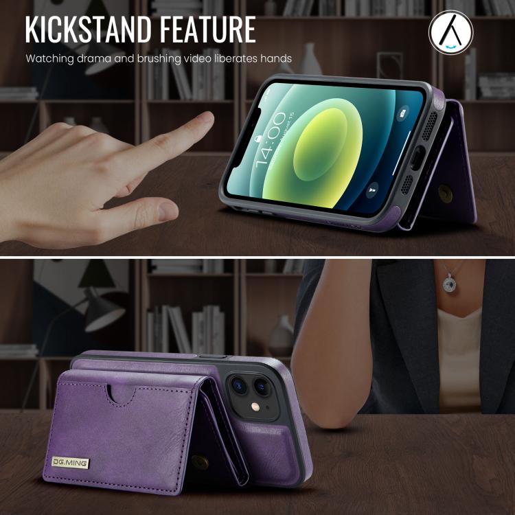 For iPhone 12 DG.MING M6 Series RFID Tri-fold Card Bag Removable Leather Phone Case