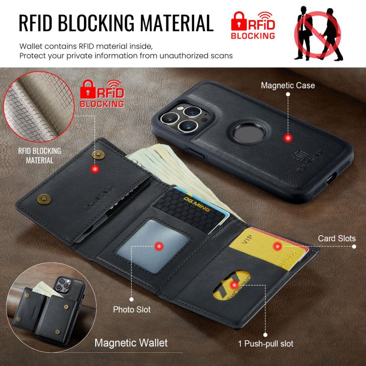 For iPhone 12 Pro Max DG.MING M6 Series RFID Tri-fold Card Bag Removable Leather Phone Case