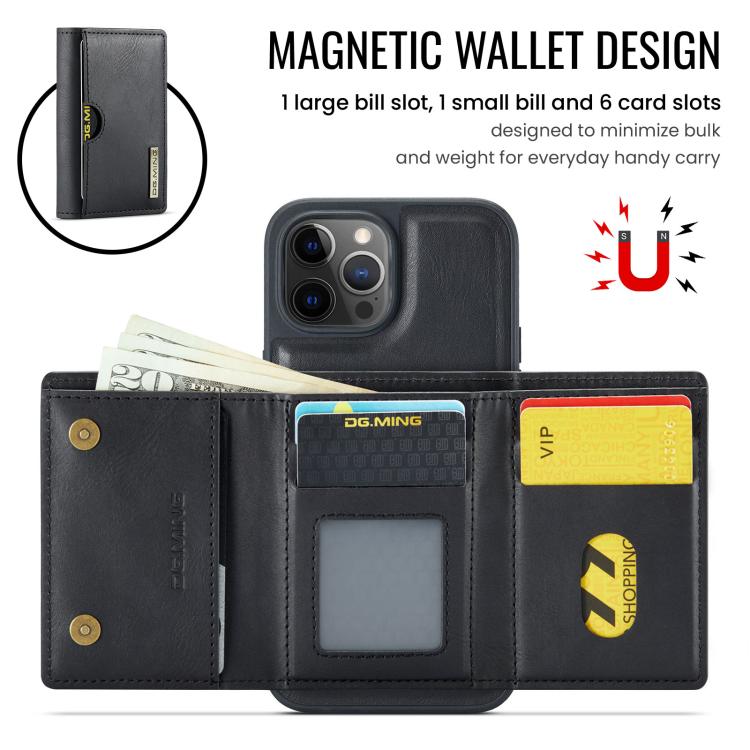 For iPhone 12 Pro Max DG.MING M6 Series RFID Tri-fold Card Bag Removable Leather Phone Case
