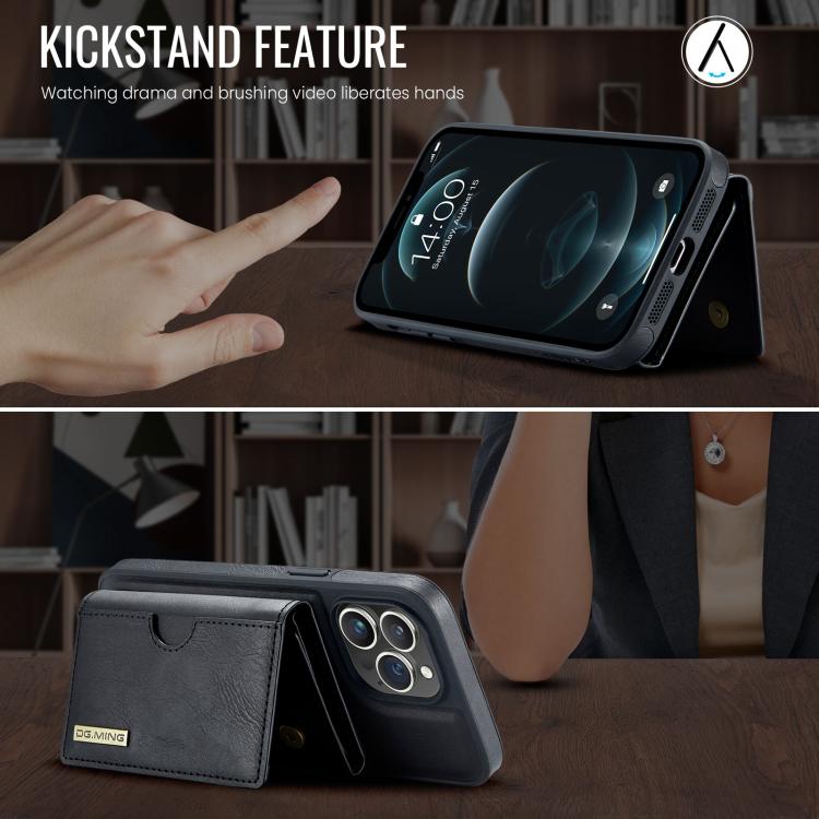 For iPhone 12 Pro Max DG.MING M6 Series RFID Tri-fold Card Bag Removable Leather Phone Case