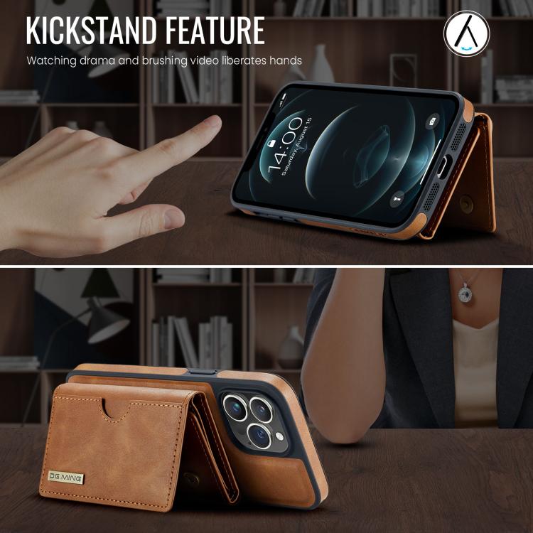For iPhone 12 Pro Max DG.MING M6 Series RFID Tri-fold Card Bag Removable Leather Phone Case
