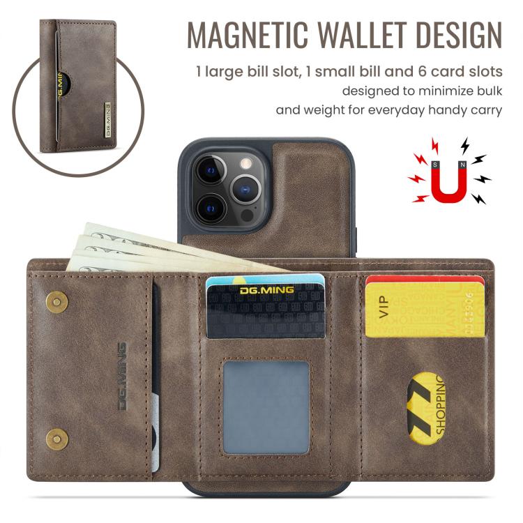 For iPhone 12 Pro Max DG.MING M6 Series RFID Tri-fold Card Bag Removable Leather Phone Case
