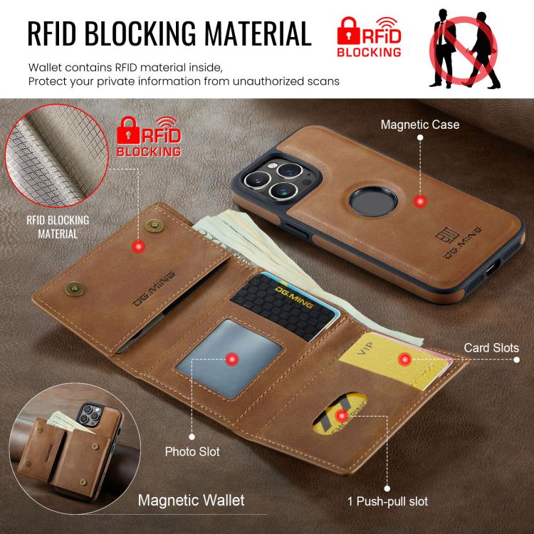 For iPhone 12 Pro DG.MING M6 Series RFID Tri-fold Card Bag Removable Leather Phone Case