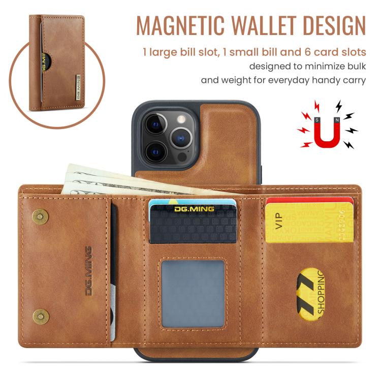 For iPhone 12 Pro DG.MING M6 Series RFID Tri-fold Card Bag Removable Leather Phone Case