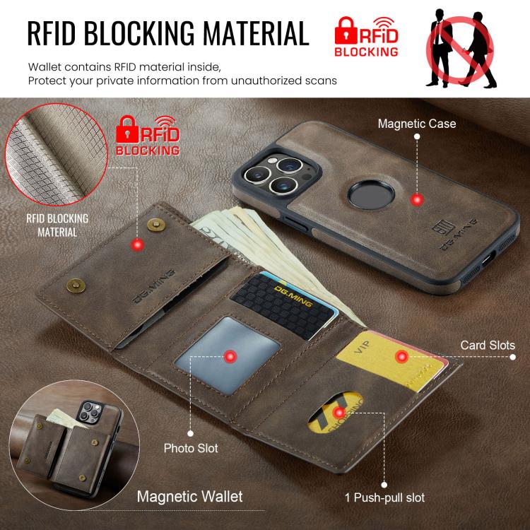 For iPhone 12 Pro DG.MING M6 Series RFID Tri-fold Card Bag Removable Leather Phone Case