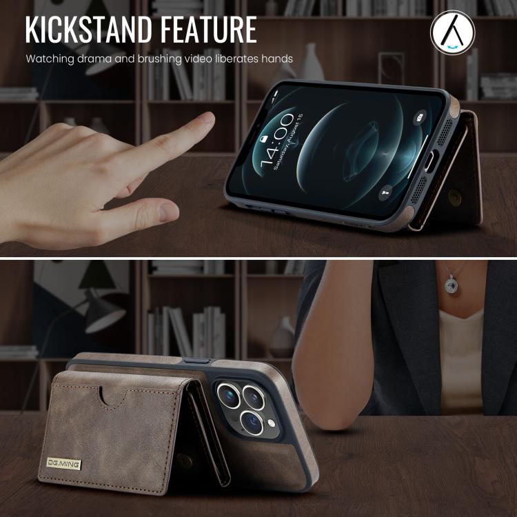 For iPhone 12 Pro DG.MING M6 Series RFID Tri-fold Card Bag Removable Leather Phone Case