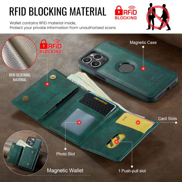 For iPhone 12 Pro DG.MING M6 Series RFID Tri-fold Card Bag Removable Leather Phone Case