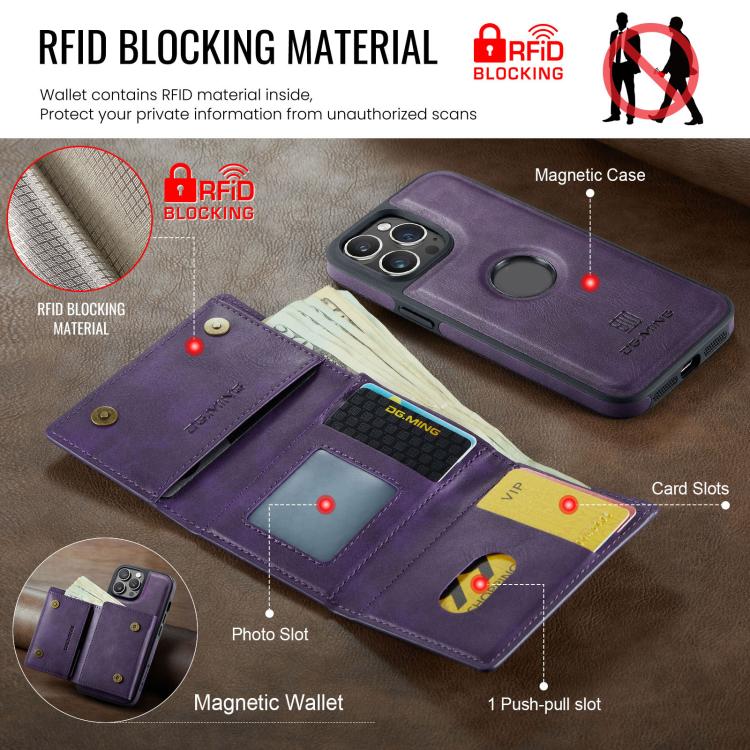 For iPhone 12 Pro DG.MING M6 Series RFID Tri-fold Card Bag Removable Leather Phone Case