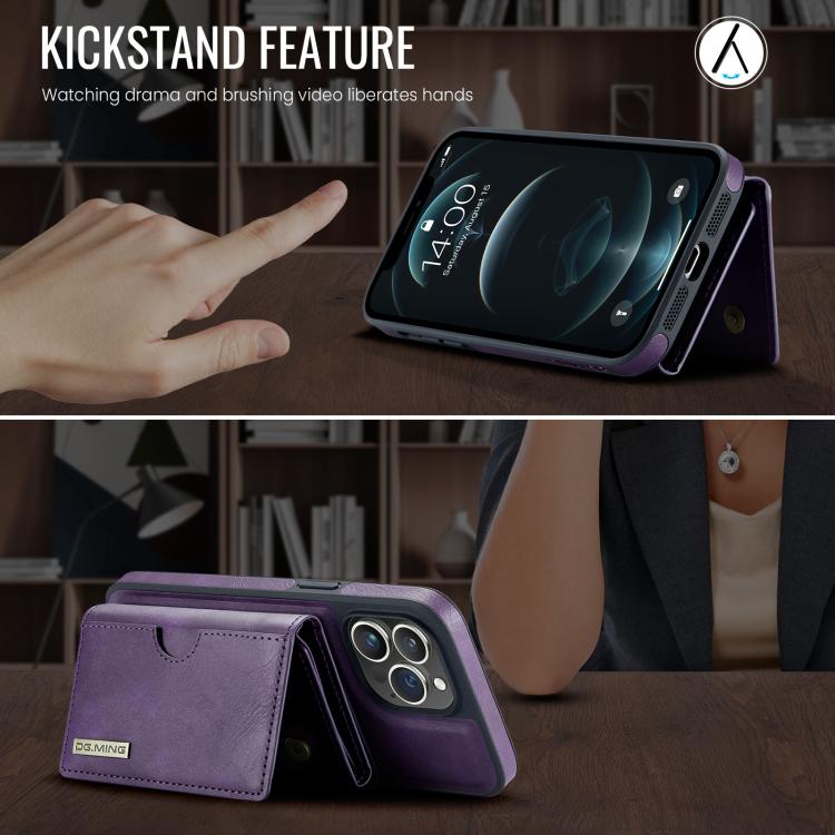 For iPhone 12 Pro DG.MING M6 Series RFID Tri-fold Card Bag Removable Leather Phone Case