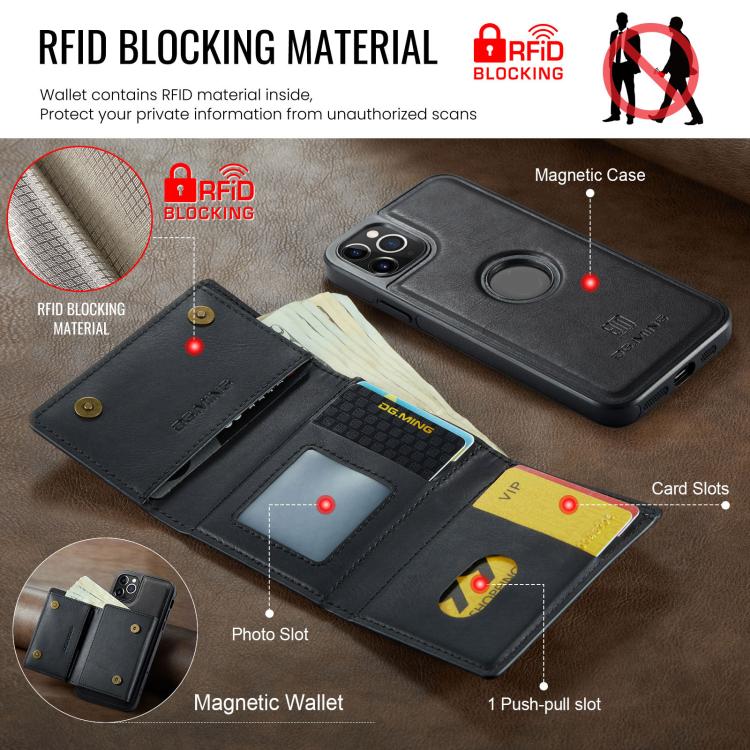For iPhone 11 Pro Max DG.MING M6 Series RFID Tri-fold Card Bag Removable Leather Phone Case