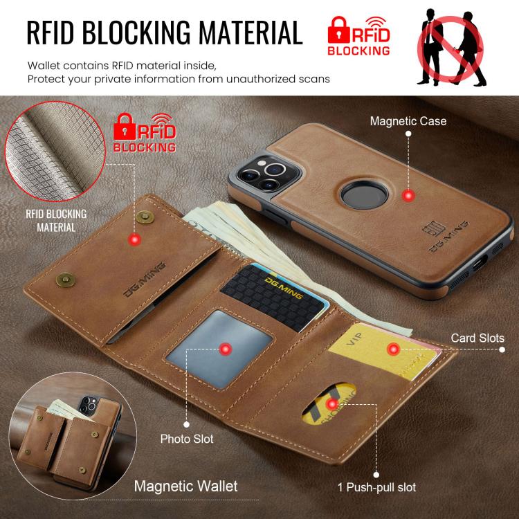 For iPhone 11 Pro Max DG.MING M6 Series RFID Tri-fold Card Bag Removable Leather Phone Case