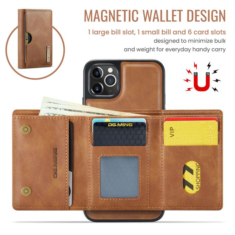For iPhone 11 Pro Max DG.MING M6 Series RFID Tri-fold Card Bag Removable Leather Phone Case