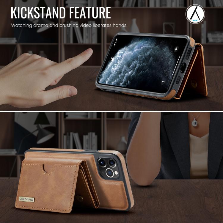 For iPhone 11 Pro Max DG.MING M6 Series RFID Tri-fold Card Bag Removable Leather Phone Case