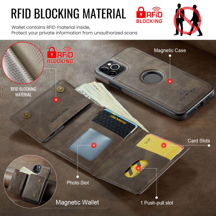 For iPhone 11 Pro Max DG.MING M6 Series RFID Tri-fold Card Bag Removable Leather Phone Case