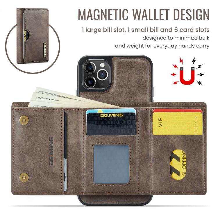 For iPhone 11 Pro Max DG.MING M6 Series RFID Tri-fold Card Bag Removable Leather Phone Case