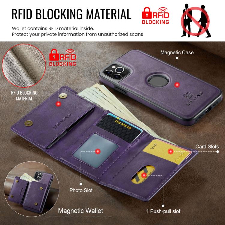For iPhone 11 Pro Max DG.MING M6 Series RFID Tri-fold Card Bag Removable Leather Phone Case
