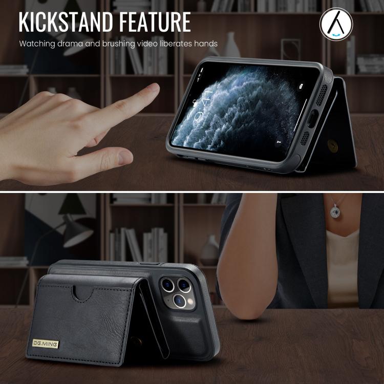 For iPhone 11 Pro DG.MING M6 Series RFID Tri-fold Card Bag Removable Leather Phone Case