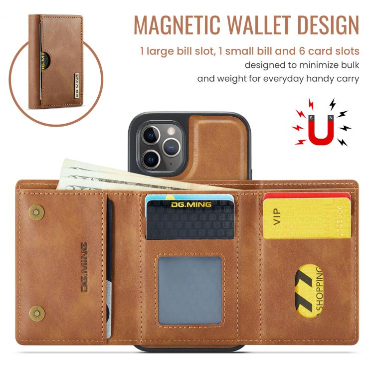 For iPhone 11 Pro DG.MING M6 Series RFID Tri-fold Card Bag Removable Leather Phone Case