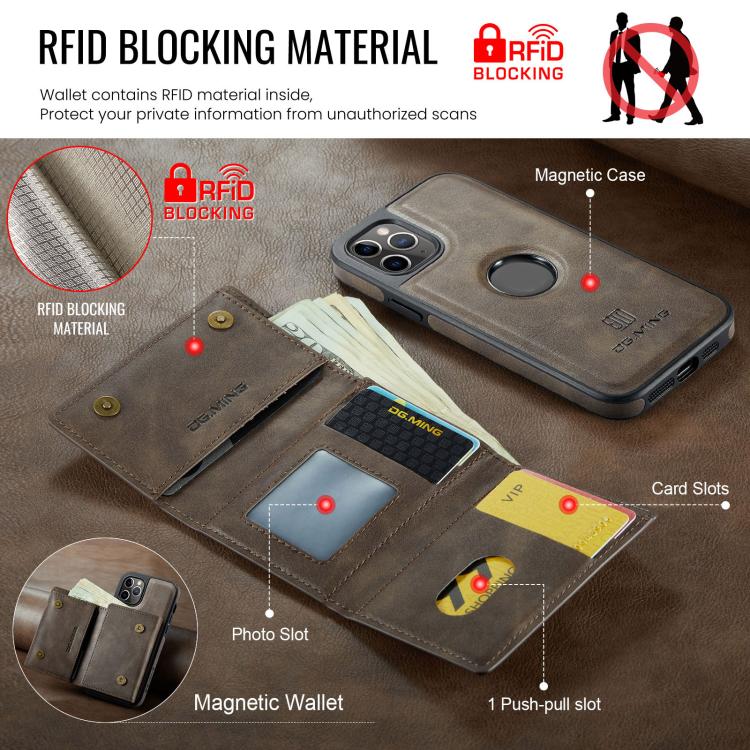 For iPhone 11 Pro DG.MING M6 Series RFID Tri-fold Card Bag Removable Leather Phone Case
