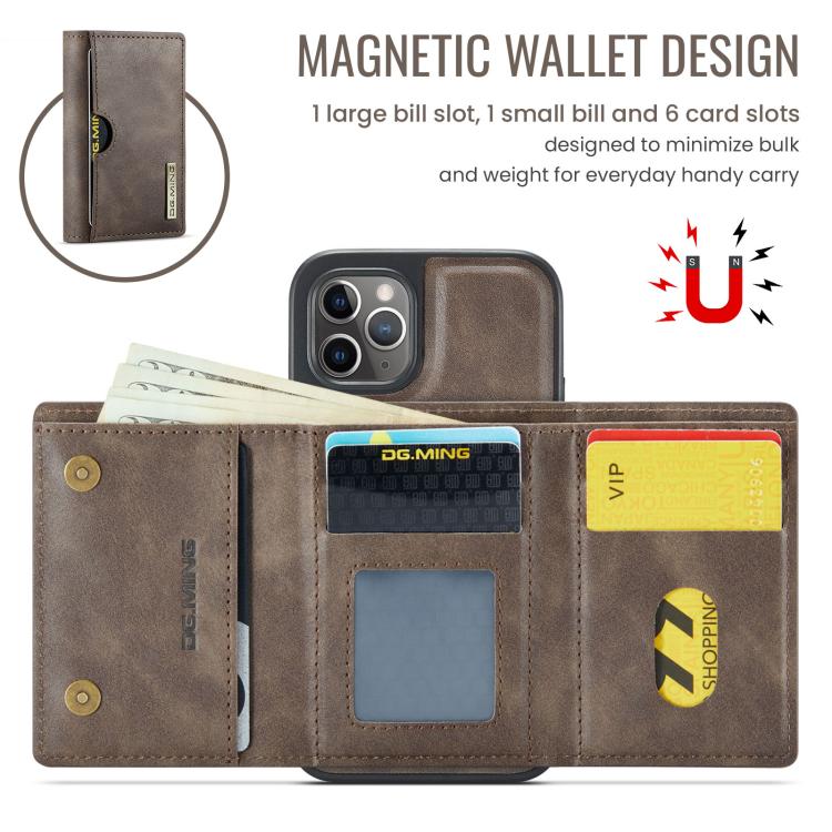 For iPhone 11 Pro DG.MING M6 Series RFID Tri-fold Card Bag Removable Leather Phone Case