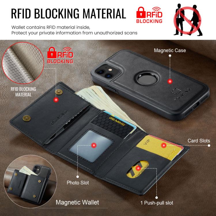 For iPhone 11 DG.MING M6 Series RFID Tri-fold Card Bag Removable Leather Phone Case