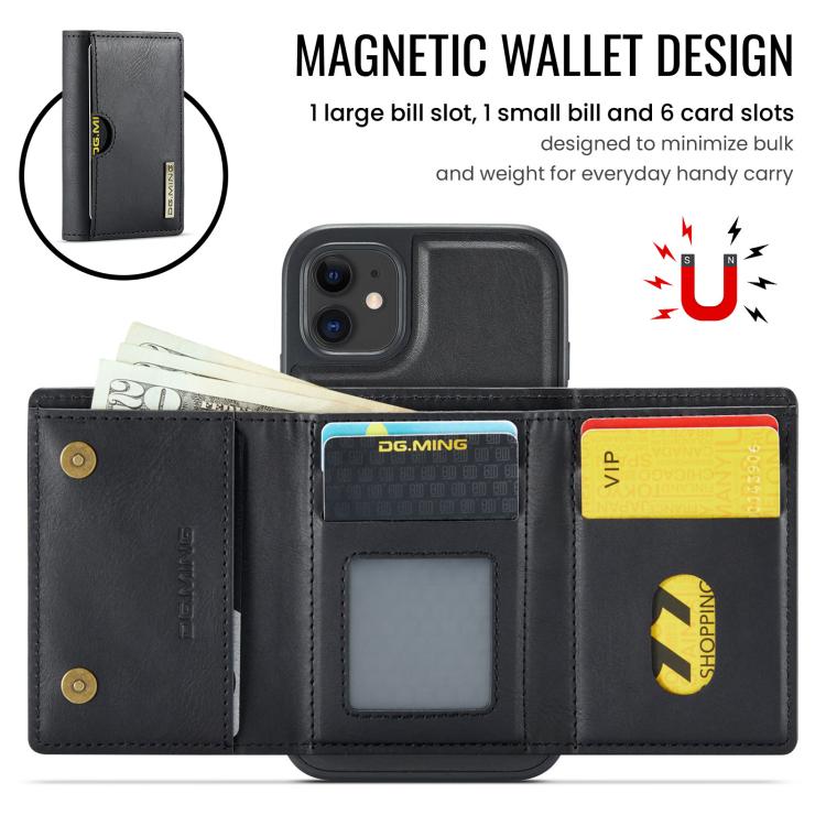 For iPhone 11 DG.MING M6 Series RFID Tri-fold Card Bag Removable Leather Phone Case