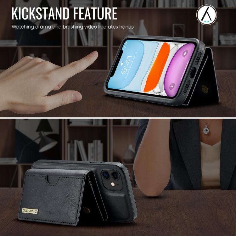 For iPhone 11 DG.MING M6 Series RFID Tri-fold Card Bag Removable Leather Phone Case