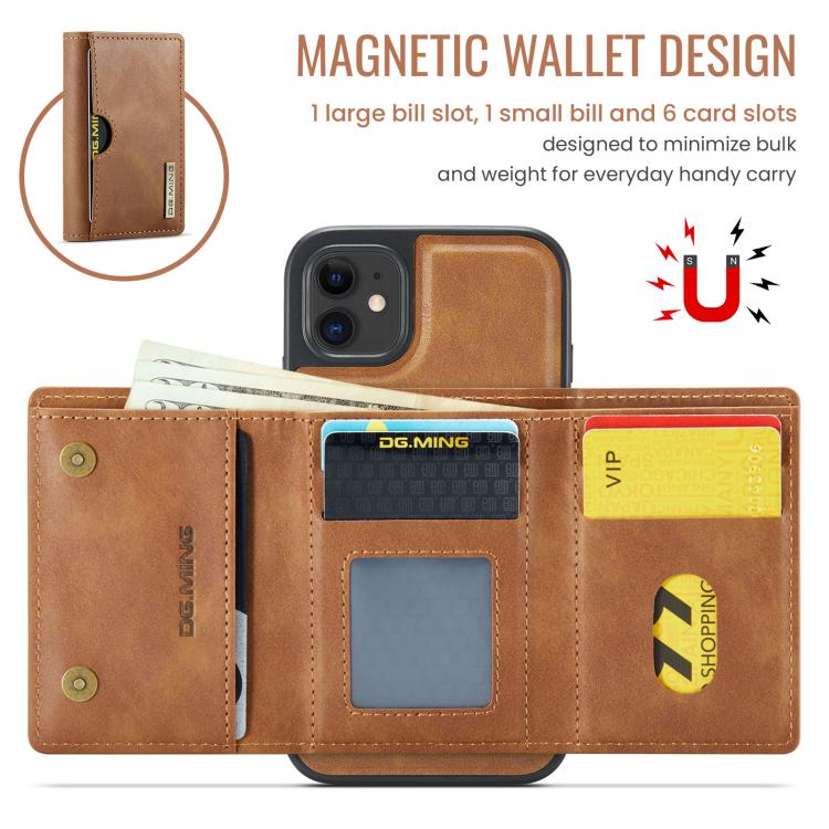 For iPhone 11 DG.MING M6 Series RFID Tri-fold Card Bag Removable Leather Phone Case