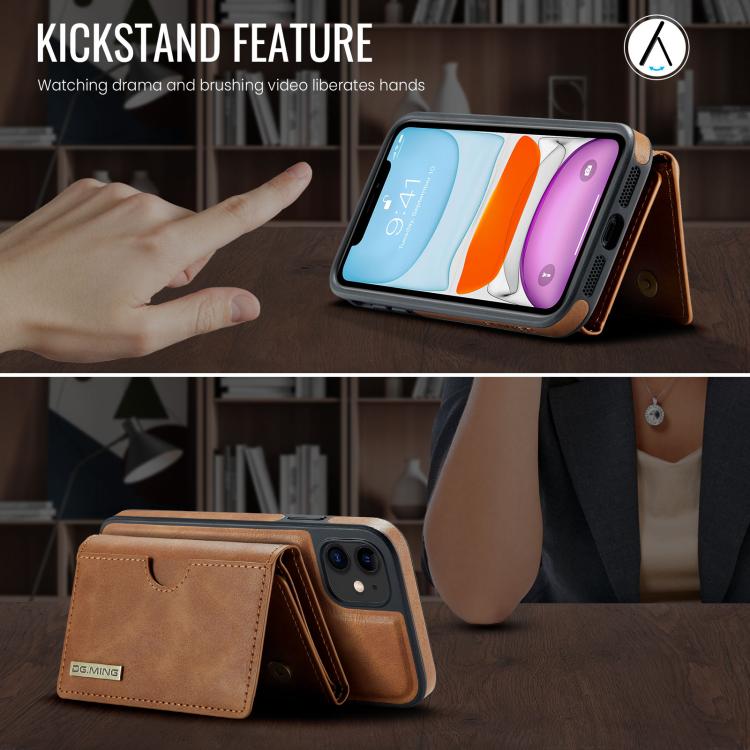 For iPhone 11 DG.MING M6 Series RFID Tri-fold Card Bag Removable Leather Phone Case