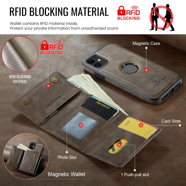 For iPhone 11 DG.MING M6 Series RFID Tri-fold Card Bag Removable Leather Phone Case