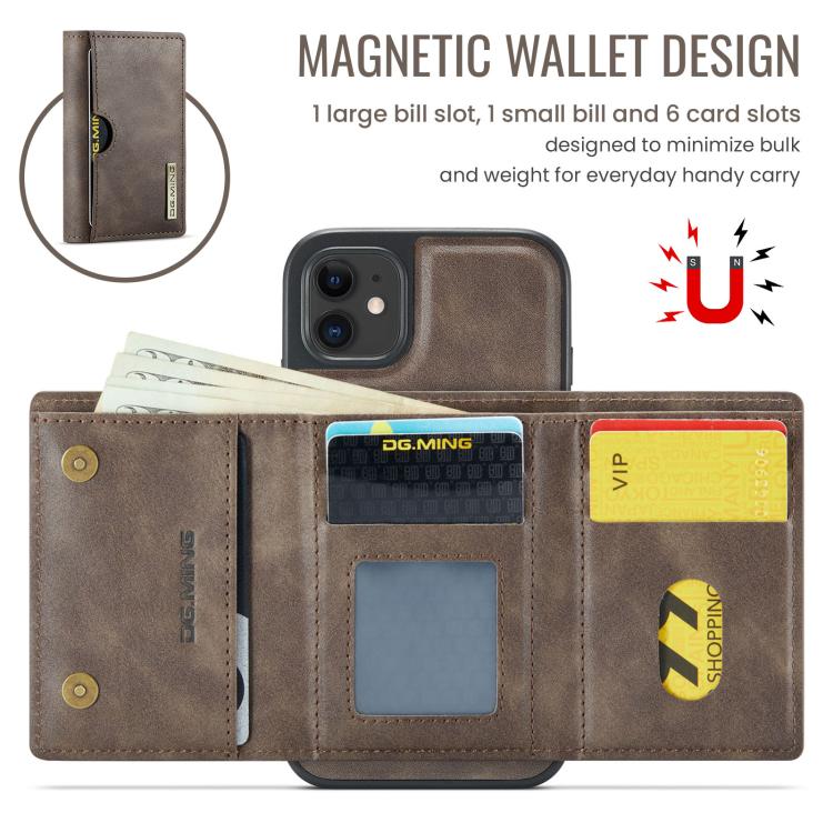 For iPhone 11 DG.MING M6 Series RFID Tri-fold Card Bag Removable Leather Phone Case