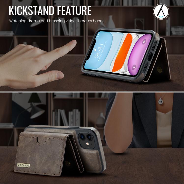 For iPhone 11 DG.MING M6 Series RFID Tri-fold Card Bag Removable Leather Phone Case