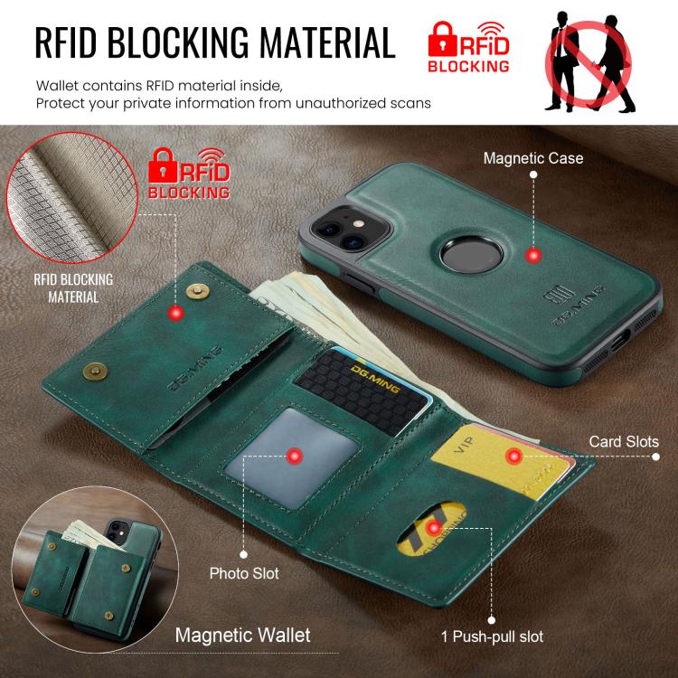 For iPhone 11 DG.MING M6 Series RFID Tri-fold Card Bag Removable Leather Phone Case