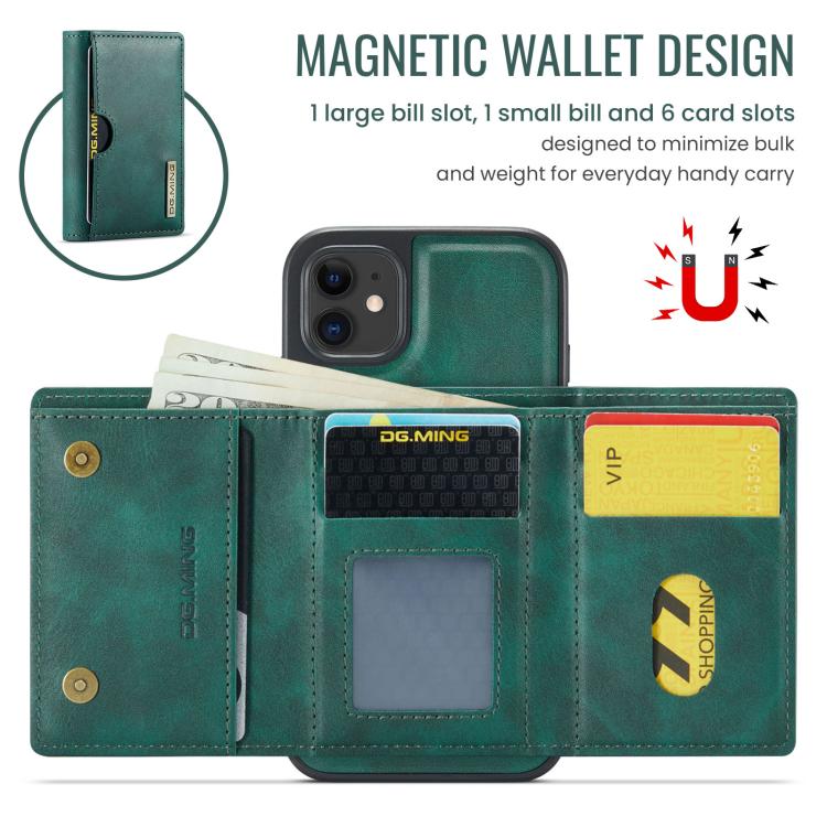 For iPhone 11 DG.MING M6 Series RFID Tri-fold Card Bag Removable Leather Phone Case