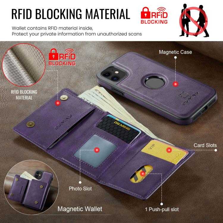 For iPhone 11 DG.MING M6 Series RFID Tri-fold Card Bag Removable Leather Phone Case